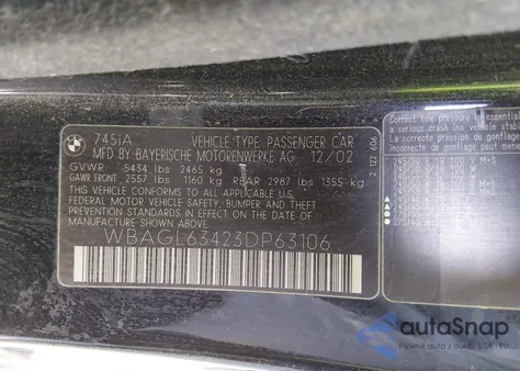 2003 BMW 745I z USA, uszkodzony, nr VIN WBAGL63423DP63106